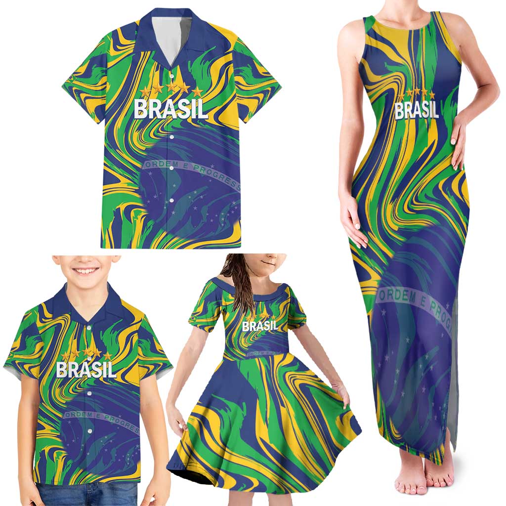 Brazil Football Custom Family Matching Tank Maxi Dress and Hawaiian Shirt 2026 Vamos Brasil Marble Pattern - Wonder Print Shop