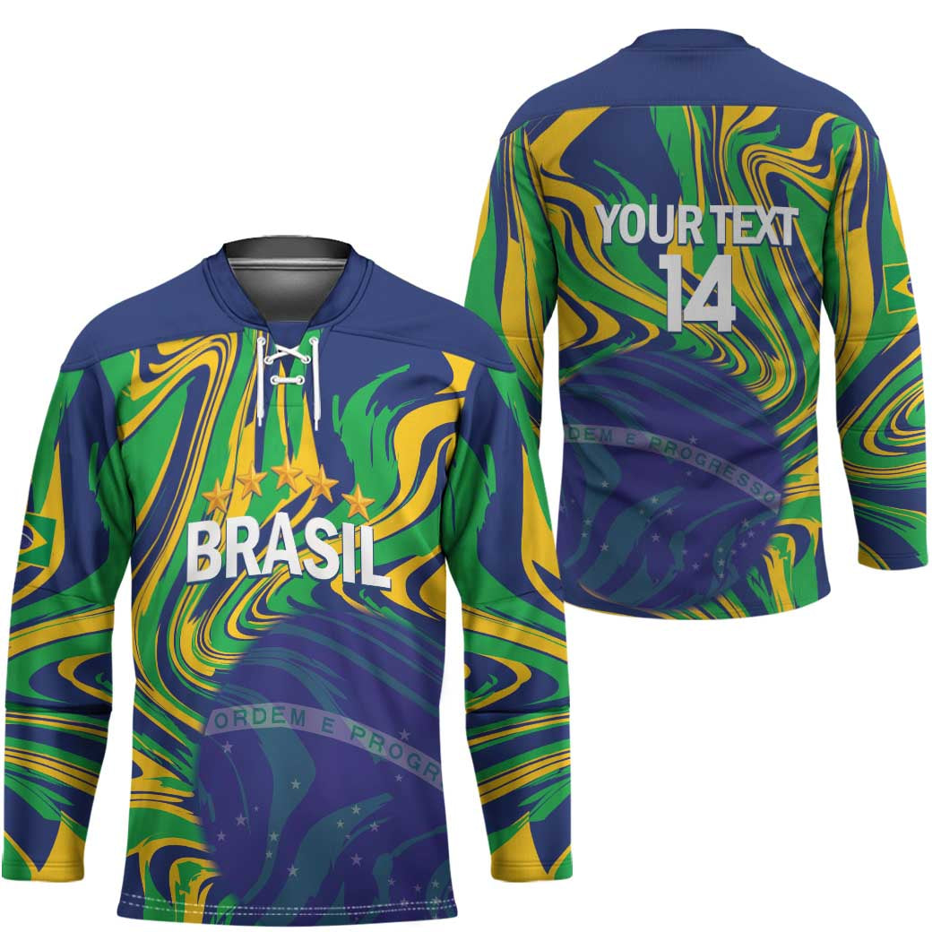 Brazil Football Custom Hockey Jersey 2026 Vamos Brasil Marble Pattern - Wonder Print Shop