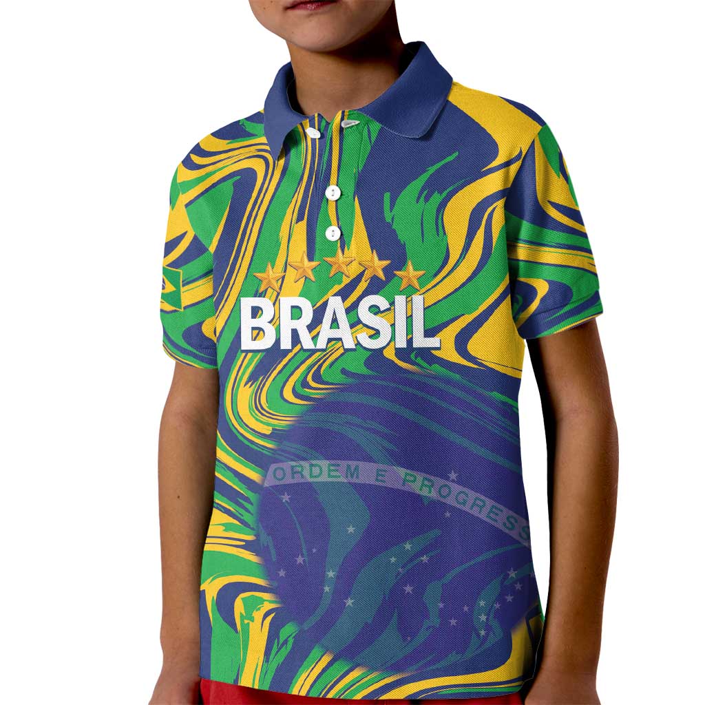 Brazil Football Custom Kid Polo Shirt 2026 Vamos Brasil Marble Pattern - Wonder Print Shop