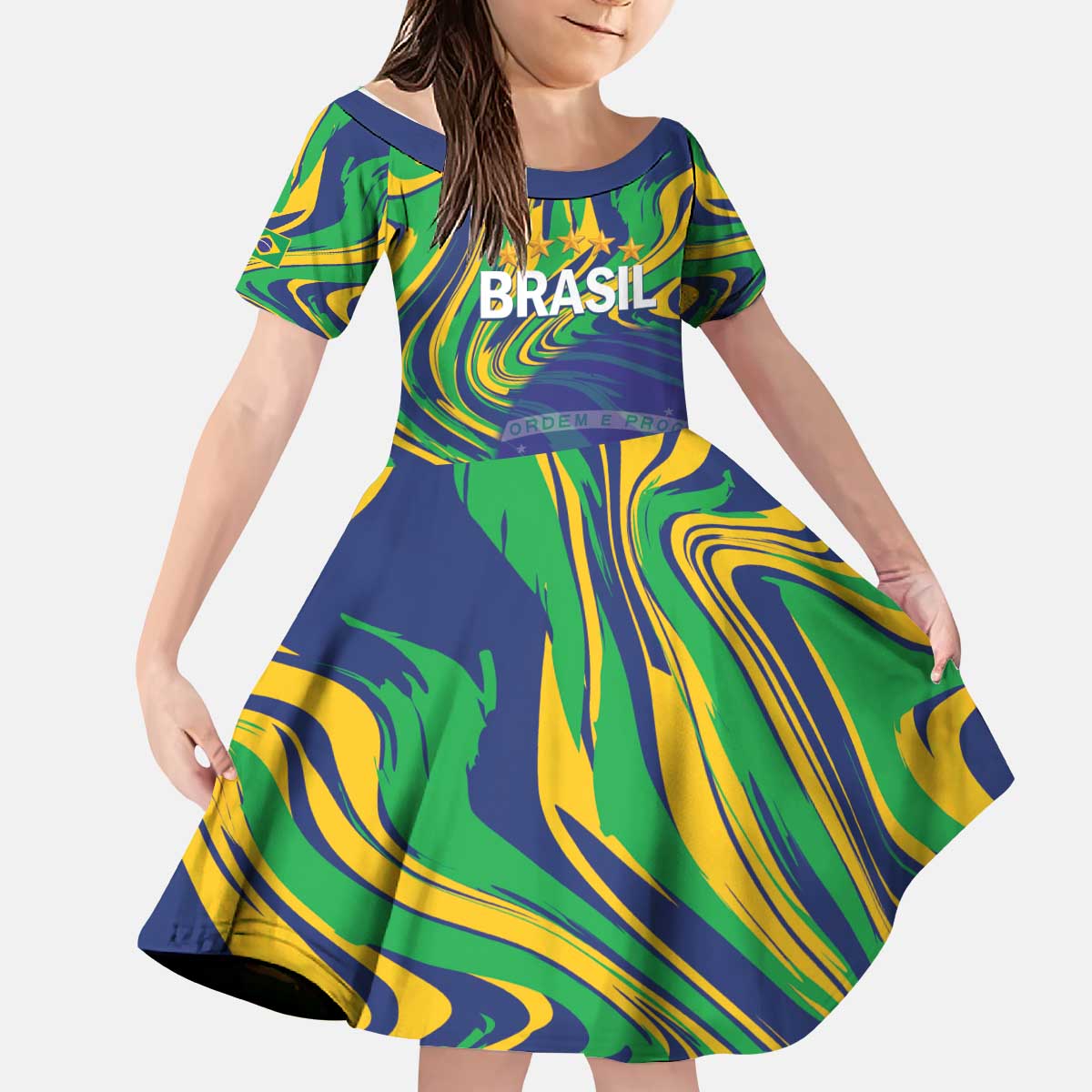 Brazil Football Custom Kid Short Sleeve Dress 2026 Vamos Brasil Marble Pattern - Wonder Print Shop