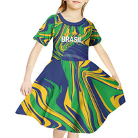 Brazil Football Custom Kid Short Sleeve Dress 2026 Vamos Brasil Marble Pattern - Wonder Print Shop