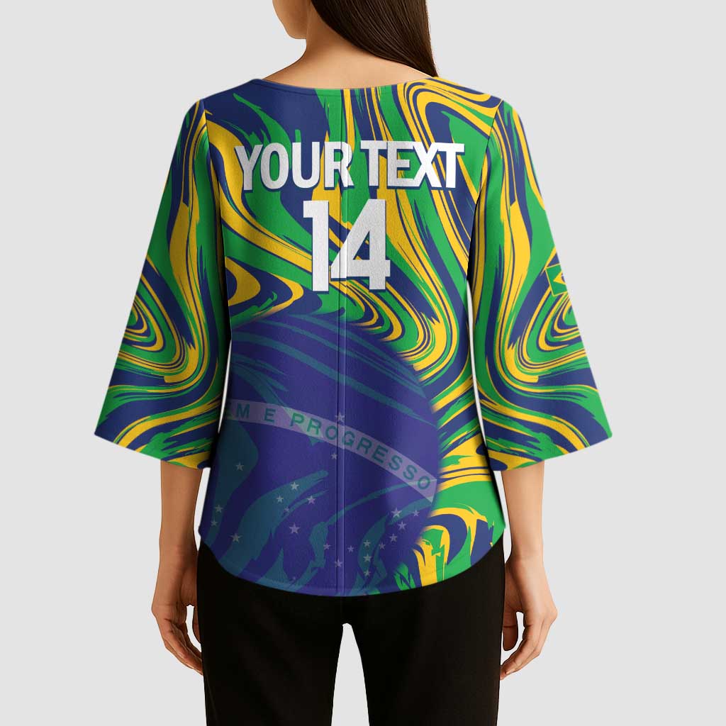 Brazil Football Custom Kimono Sleeve Blouse 2026 Vamos Brasil Marble Pattern - Wonder Print Shop