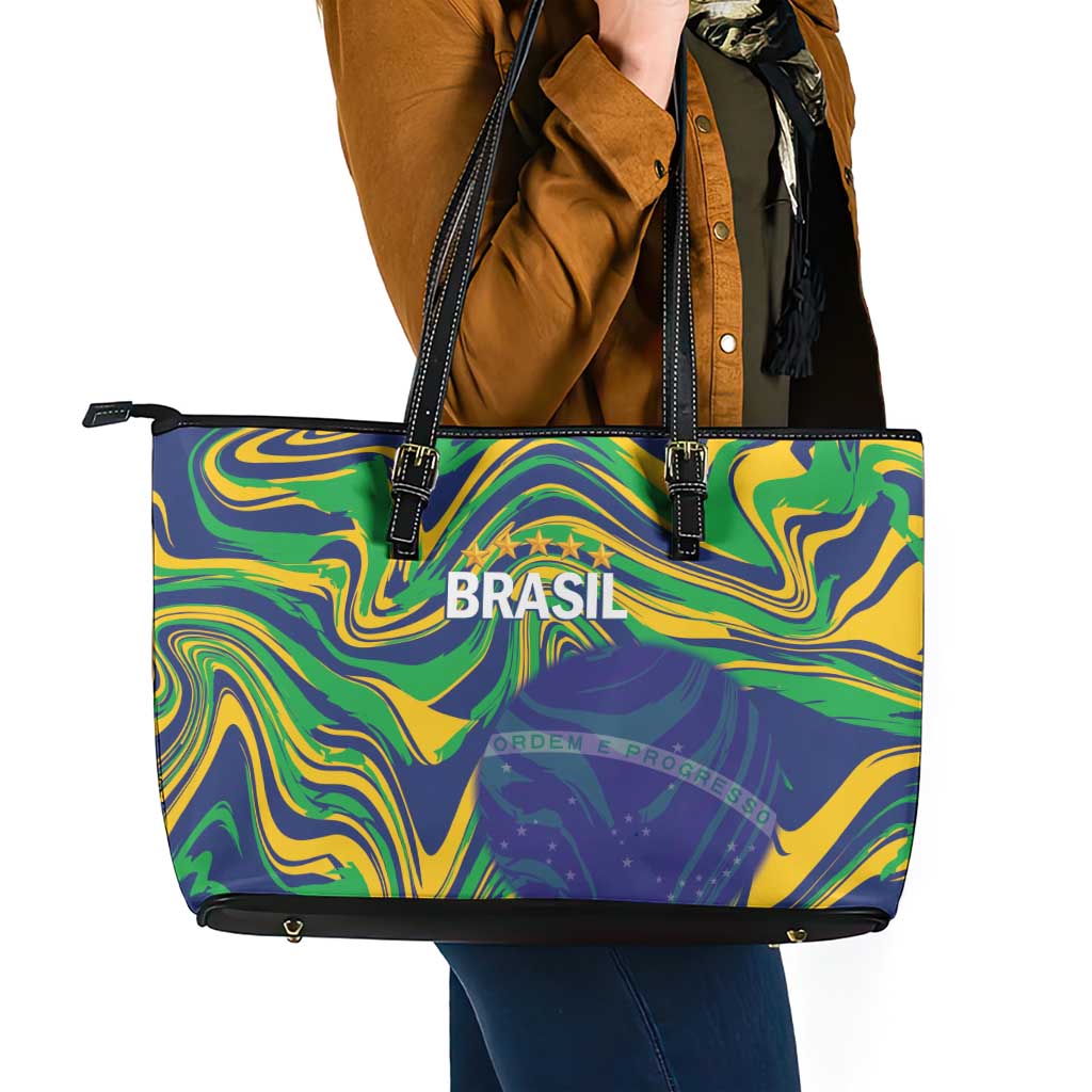 Brazil Football Leather Tote Bag 2026 Vamos Brasil Marble Pattern - Wonder Print Shop