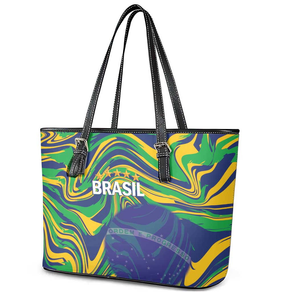 Brazil Football Leather Tote Bag 2026 Vamos Brasil Marble Pattern - Wonder Print Shop