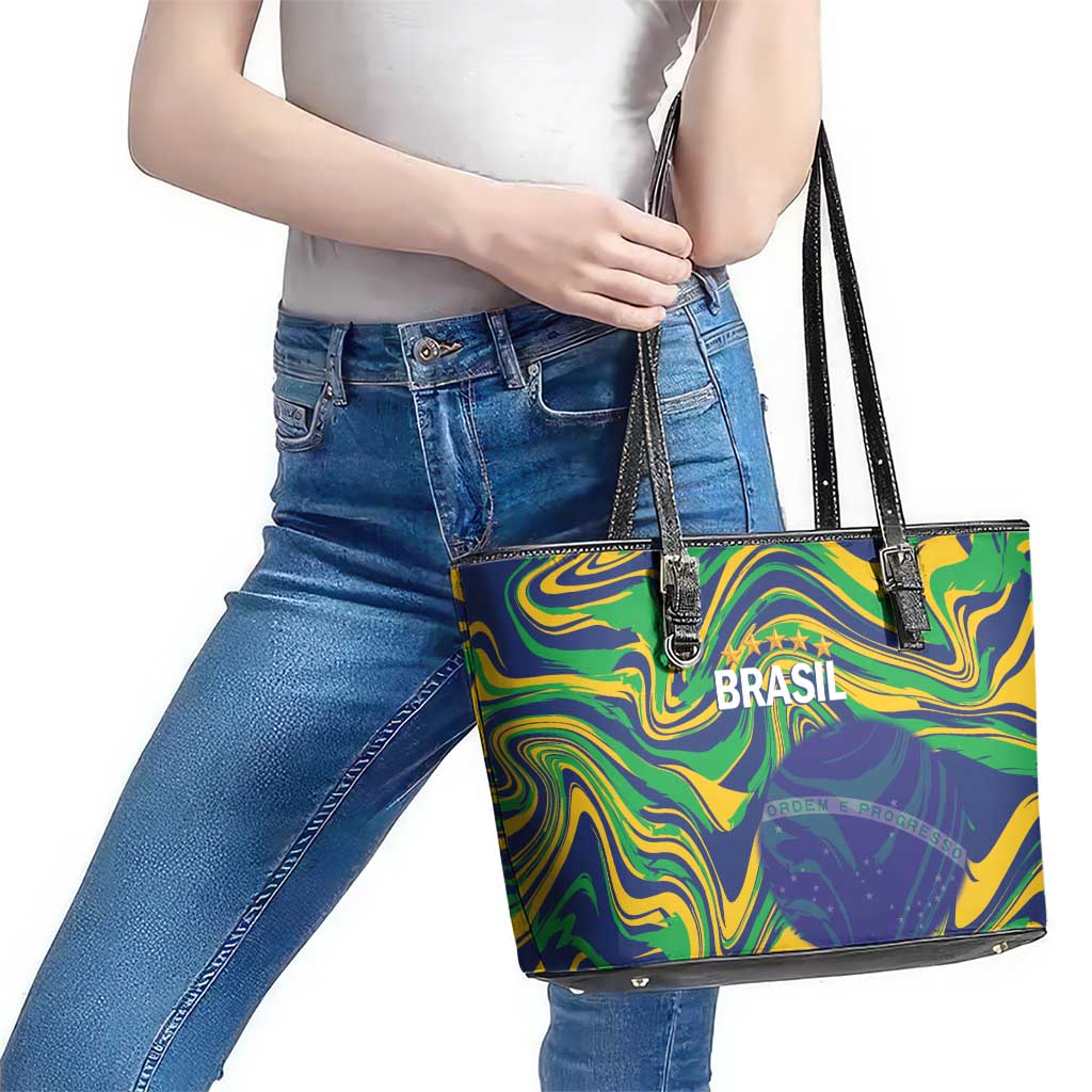 Brazil Football Leather Tote Bag 2026 Vamos Brasil Marble Pattern - Wonder Print Shop