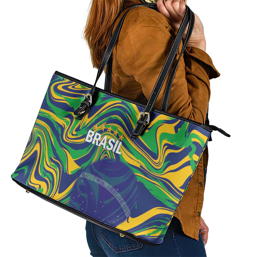 Brazil Football Leather Tote Bag 2026 Vamos Brasil Marble Pattern - Wonder Print Shop