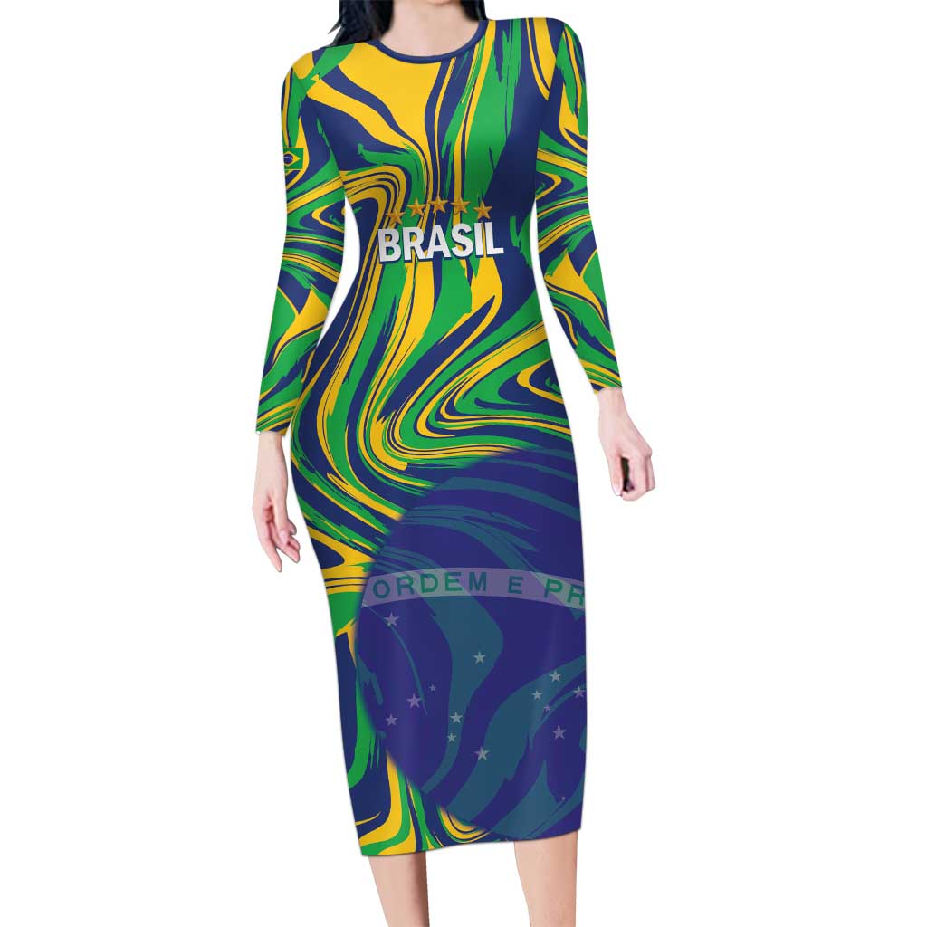 Brazil Football Custom Long Sleeve Bodycon Dress 2026 Vamos Brasil Marble Pattern - Wonder Print Shop