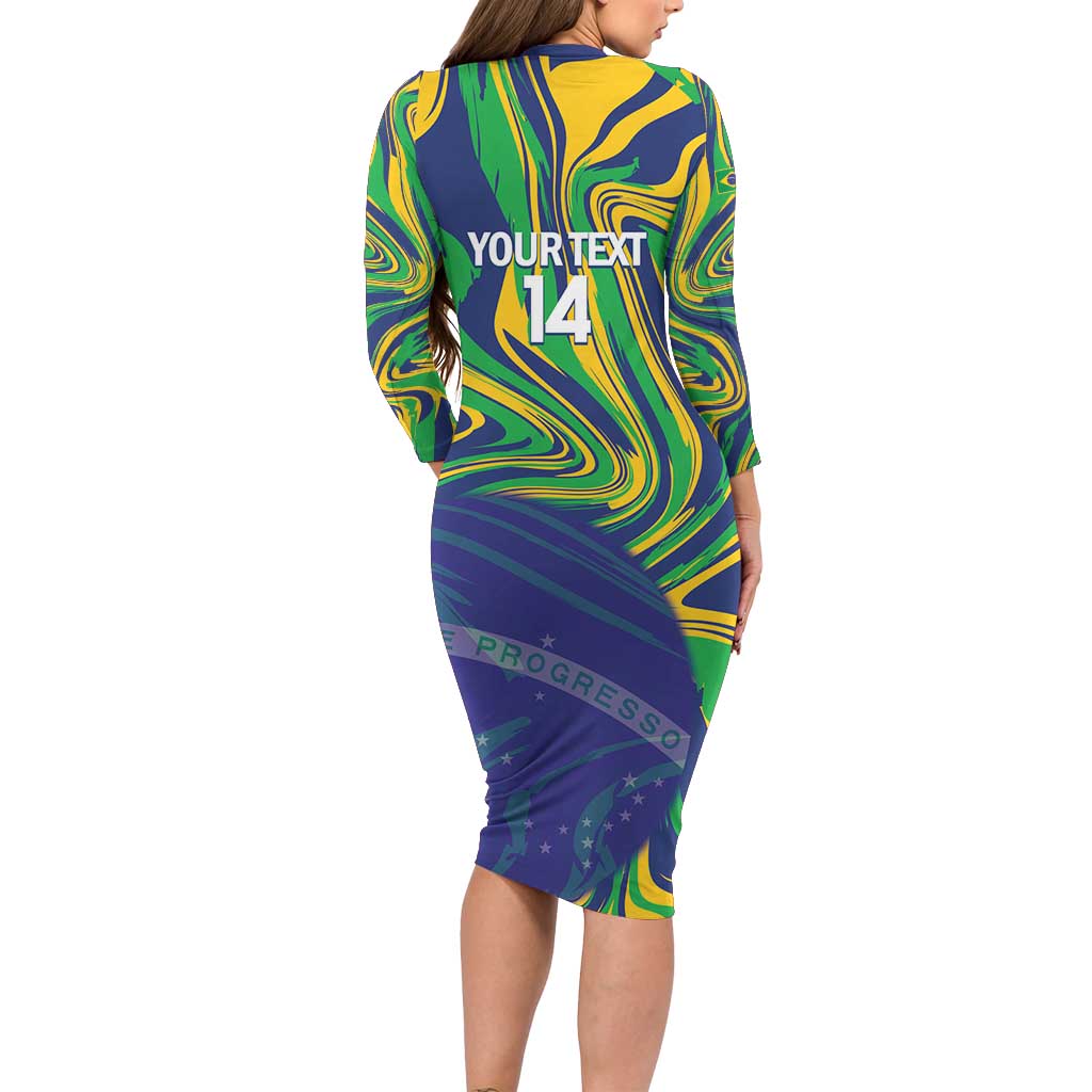 Brazil Football Custom Long Sleeve Bodycon Dress 2026 Vamos Brasil Marble Pattern - Wonder Print Shop