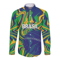 Brazil Football Custom Long Sleeve Button Shirt 2026 Vamos Brasil Marble Pattern - Wonder Print Shop