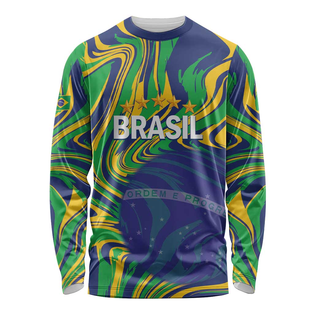 Brazil Football Custom Long Sleeve Shirt 2026 Vamos Brasil Marble Pattern - Wonder Print Shop