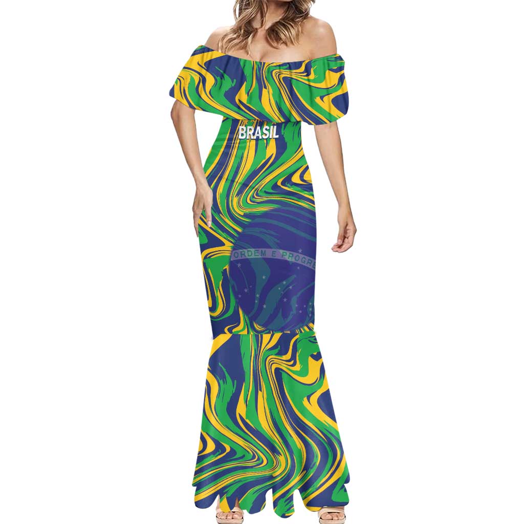 Brazil Football Custom Mermaid Dress 2026 Vamos Brasil Marble Pattern - Wonder Print Shop