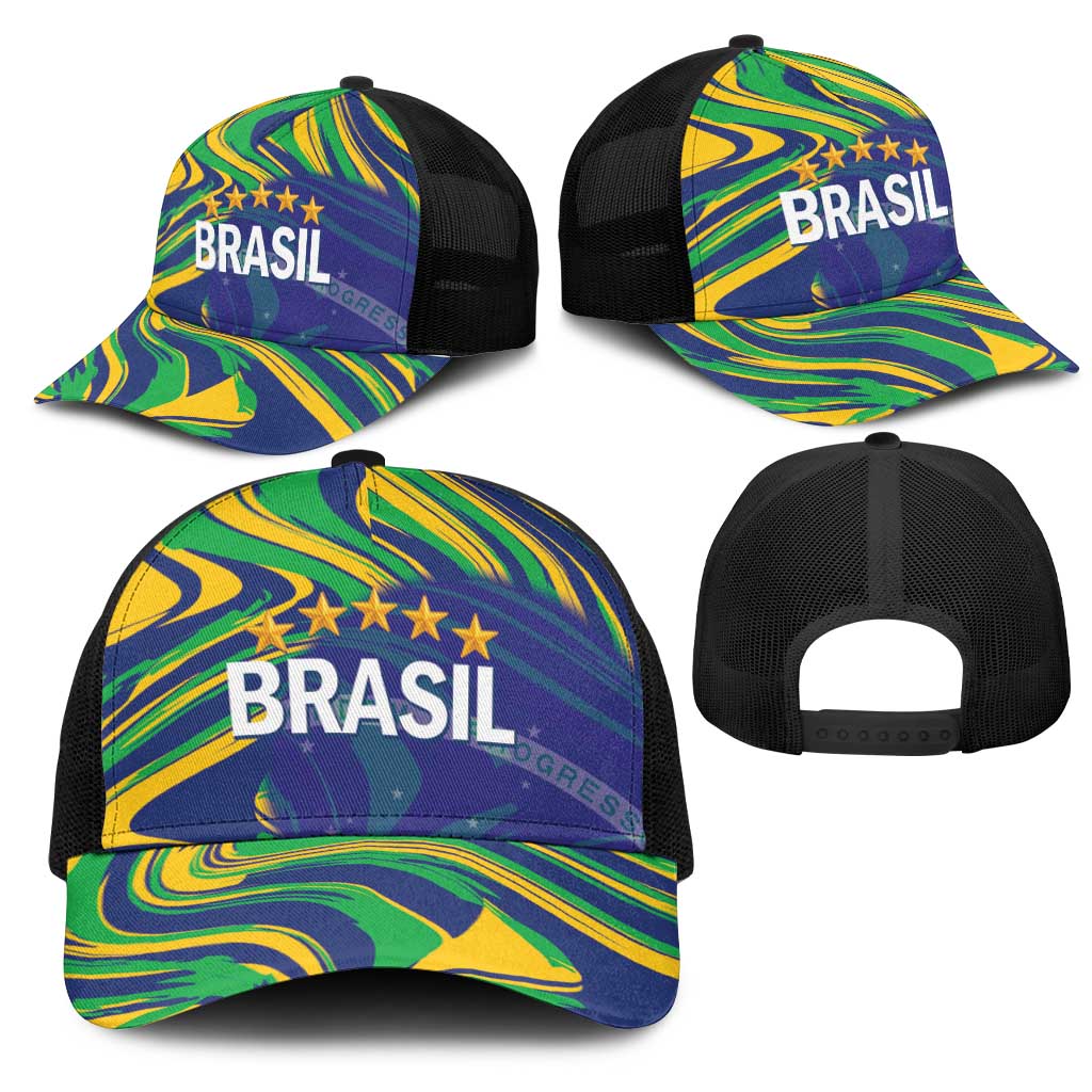 Brazil Football Mesh Trucker Cap 2026 Vamos Brasil Marble Pattern