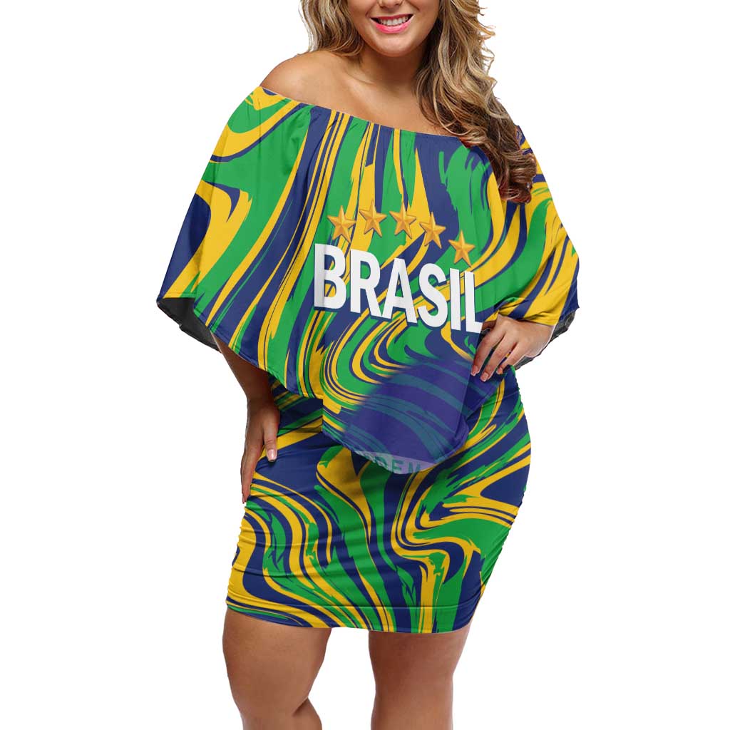 Brazil Football Custom Off Shoulder Short Dress 2026 Vamos Brasil Marble Pattern - Wonder Print Shop