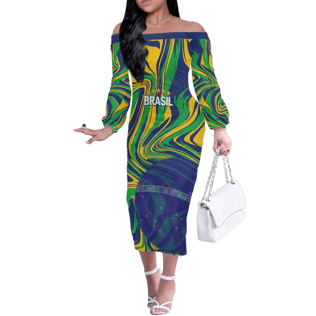 Brazil Football Custom Off The Shoulder Long Sleeve Dress 2026 Vamos Brasil Marble Pattern - Wonder Print Shop