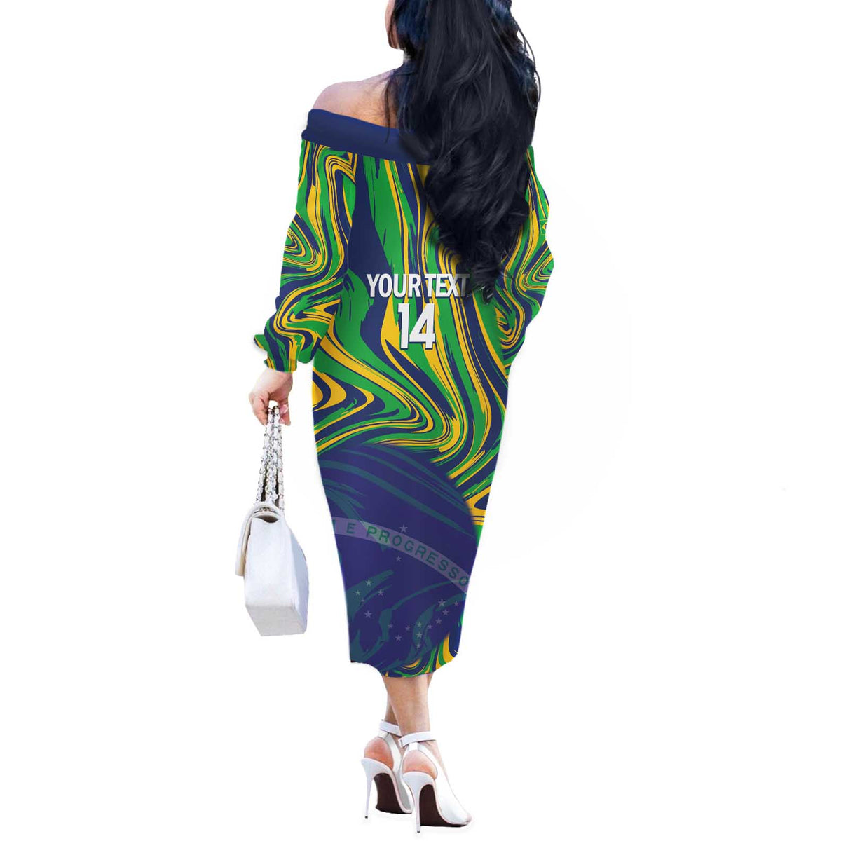 Brazil Football Custom Off The Shoulder Long Sleeve Dress 2026 Vamos Brasil Marble Pattern - Wonder Print Shop