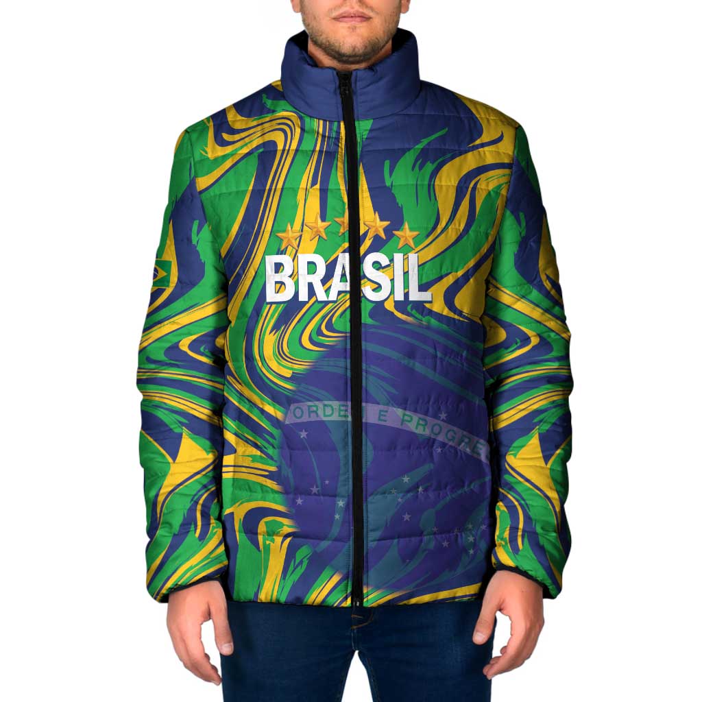 Brazil Football Custom Padded Jacket 2026 Vamos Brasil Marble Pattern - Wonder Print Shop