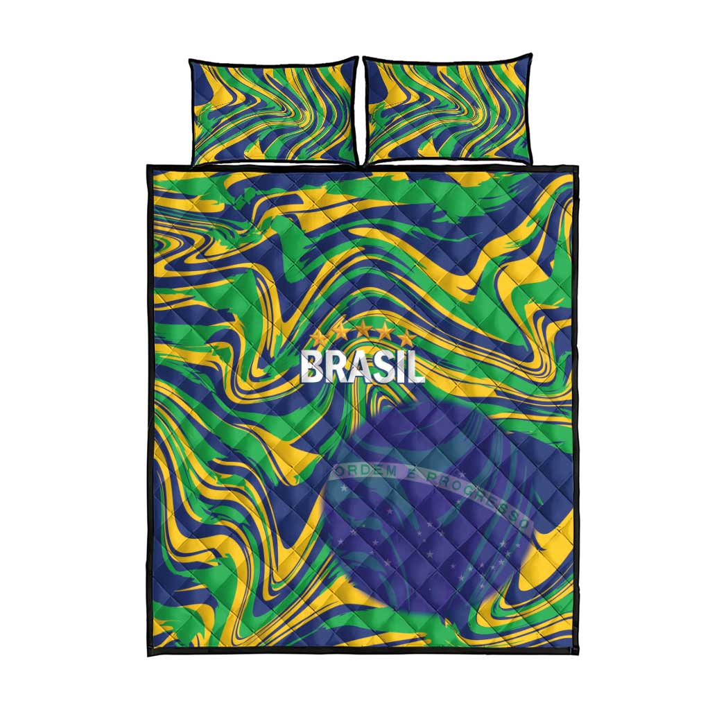 Brazil Football Quilt Bed Set 2026 Vamos Brasil Marble Pattern - Wonder Print Shop