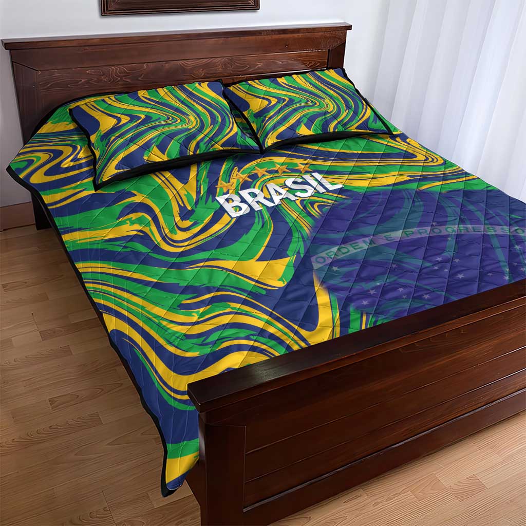 Brazil Football Quilt Bed Set 2026 Vamos Brasil Marble Pattern - Wonder Print Shop