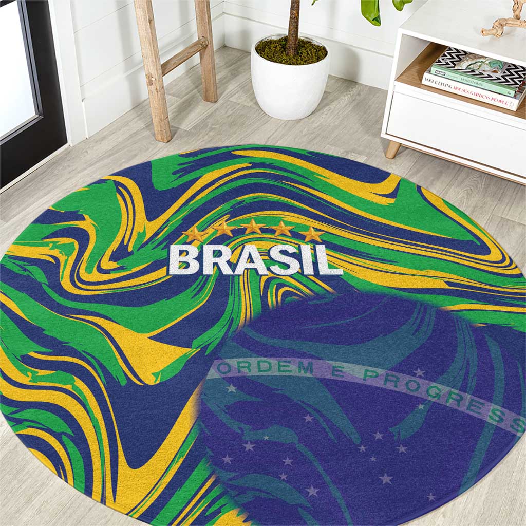 Brazil Football Round Carpet 2026 Vamos Brasil Marble Pattern - Wonder Print Shop