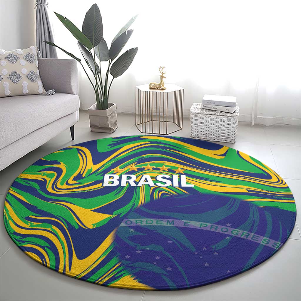 Brazil Football Round Carpet 2026 Vamos Brasil Marble Pattern - Wonder Print Shop