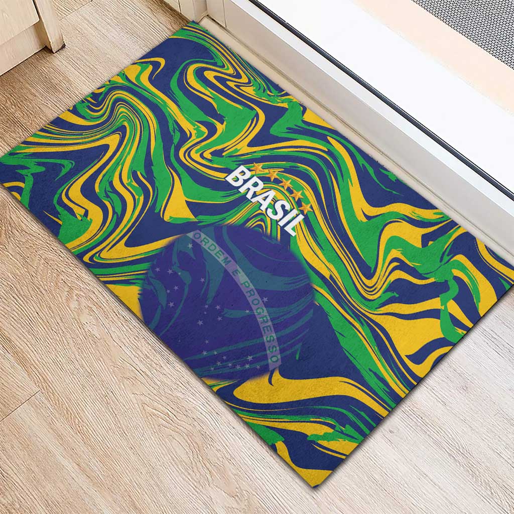 Brazil Football Rubber Doormat 2026 Vamos Brasil Marble Pattern - Wonder Print Shop