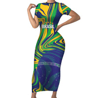 Brazil Football Custom Short Sleeve Bodycon Dress 2026 Vamos Brasil Marble Pattern - Wonder Print Shop
