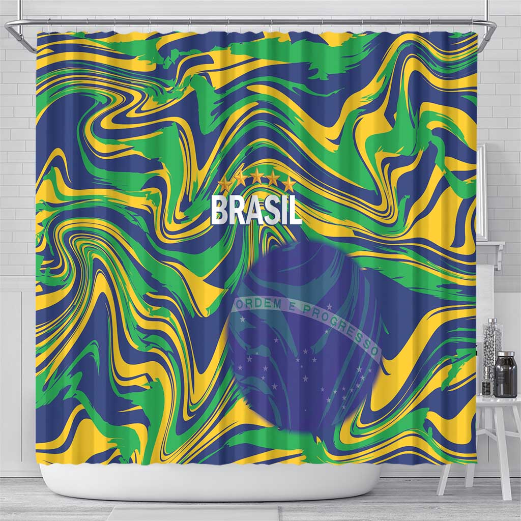 Brazil Football Shower Curtain 2026 Vamos Brasil Marble Pattern - Wonder Print Shop