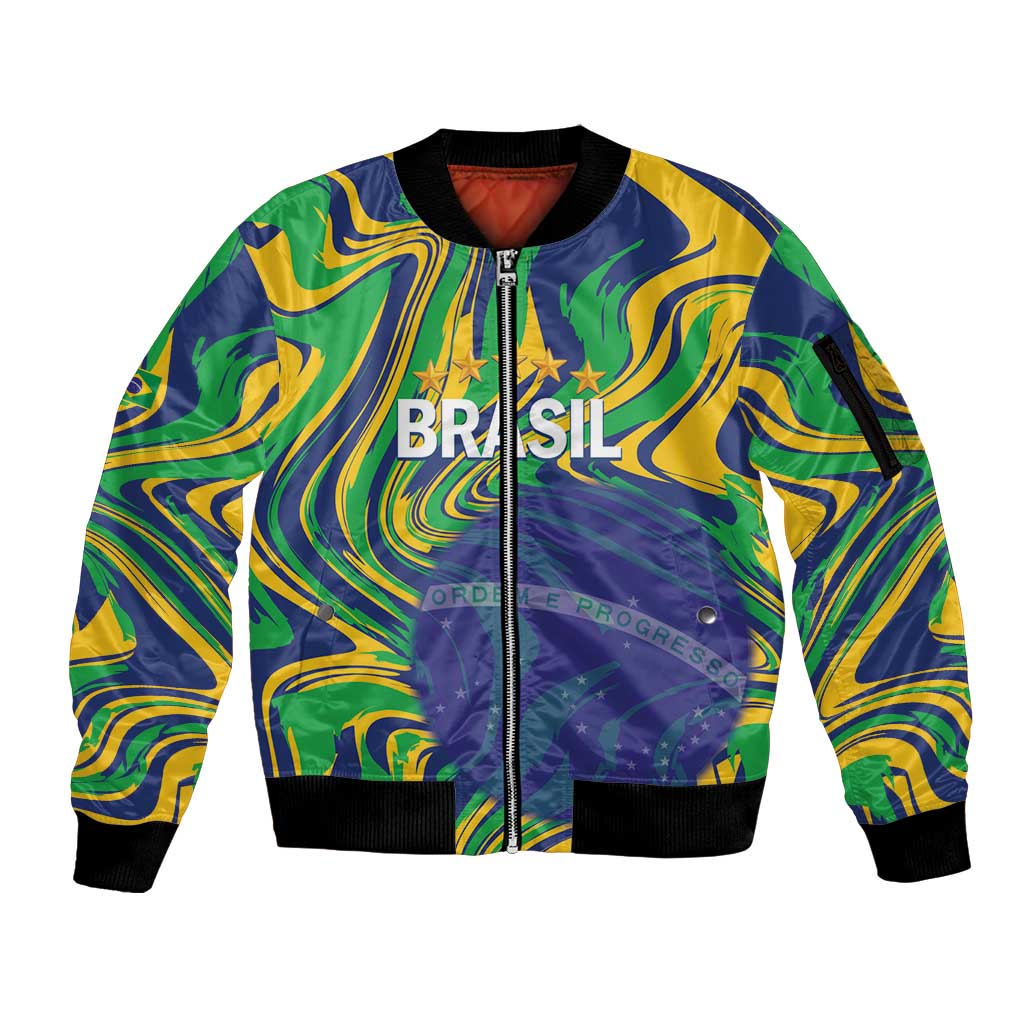 Brazil Football Custom Sleeve Zip Bomber Jacket 2026 Vamos Brasil Marble Pattern - Wonder Print Shop