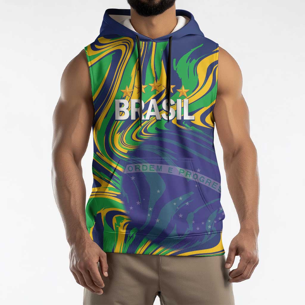 Brazil Football Custom Sleeveless Hoodie 2026 Vamos Brasil Marble Pattern - Wonder Print Shop