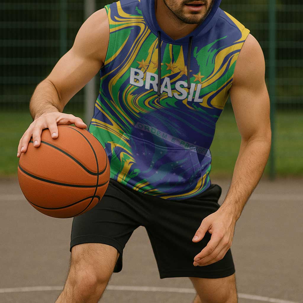 Brazil Football Custom Sleeveless Hoodie 2026 Vamos Brasil Marble Pattern - Wonder Print Shop
