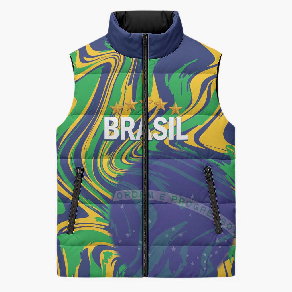 Brazil Football Custom Sleeveless Puffer Jacket 2026 Vamos Brasil Marble Pattern - Wonder Print Shop