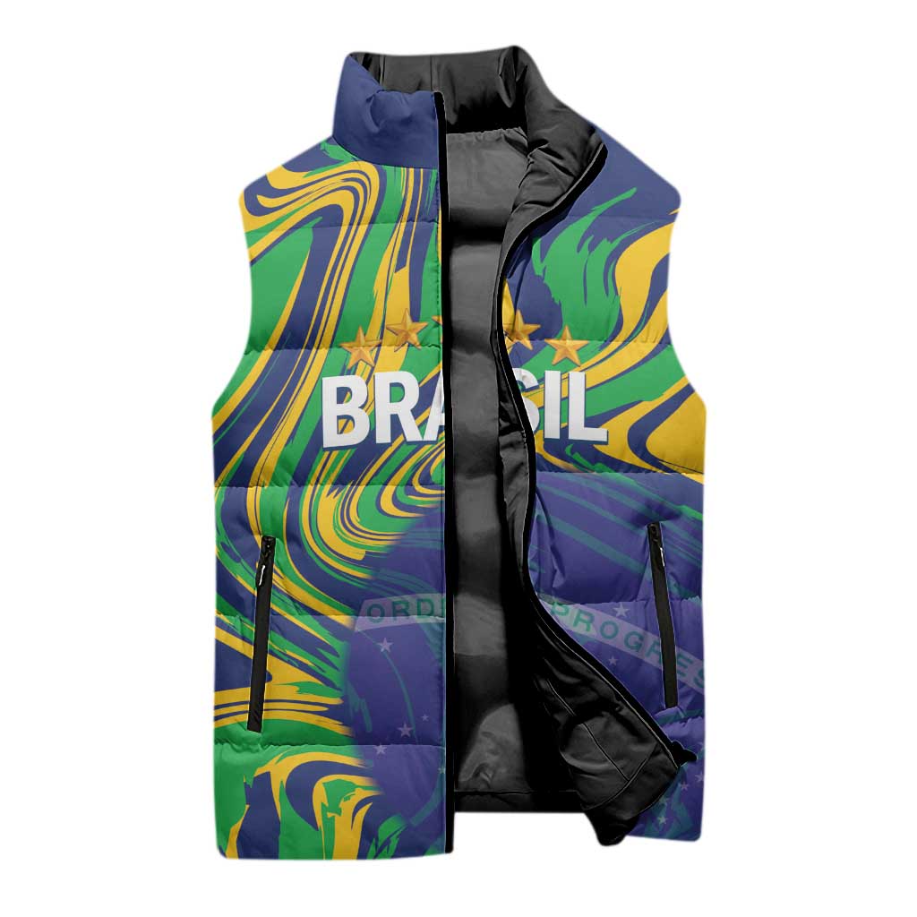 Brazil Football Custom Sleeveless Puffer Jacket 2026 Vamos Brasil Marble Pattern - Wonder Print Shop