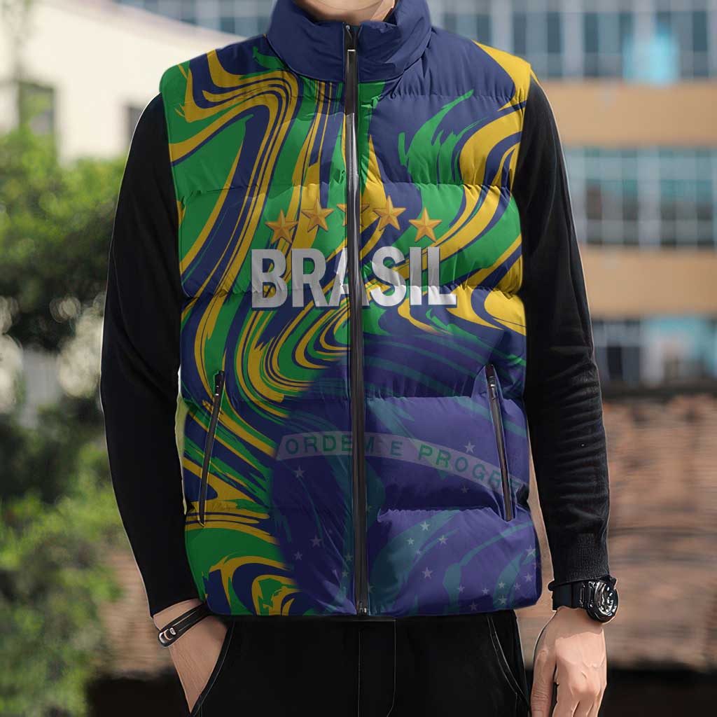 Brazil Football Custom Sleeveless Puffer Jacket 2026 Vamos Brasil Marble Pattern - Wonder Print Shop