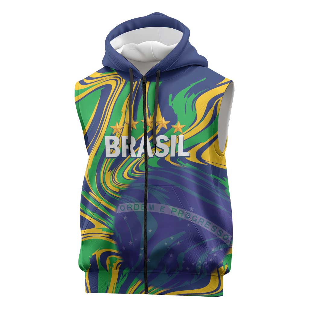 Brazil Football Custom Sleeveless Zip Hoodie 2026 Vamos Brasil Marble Pattern - Wonder Print Shop