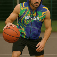 Brazil Football Custom Sleeveless Zip Hoodie 2026 Vamos Brasil Marble Pattern - Wonder Print Shop