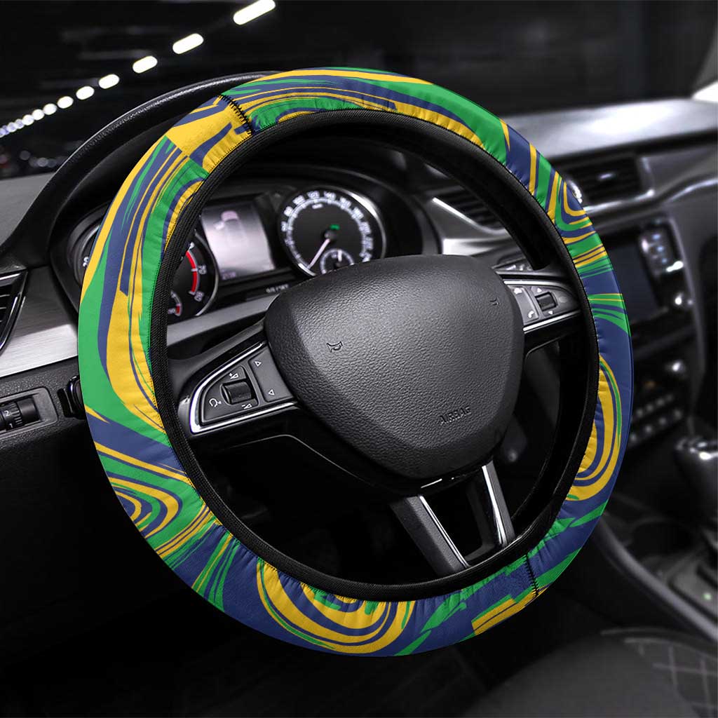 Brazil Football Steering Wheel Cover 2026 Vamos Brasil Marble Pattern - Wonder Print Shop