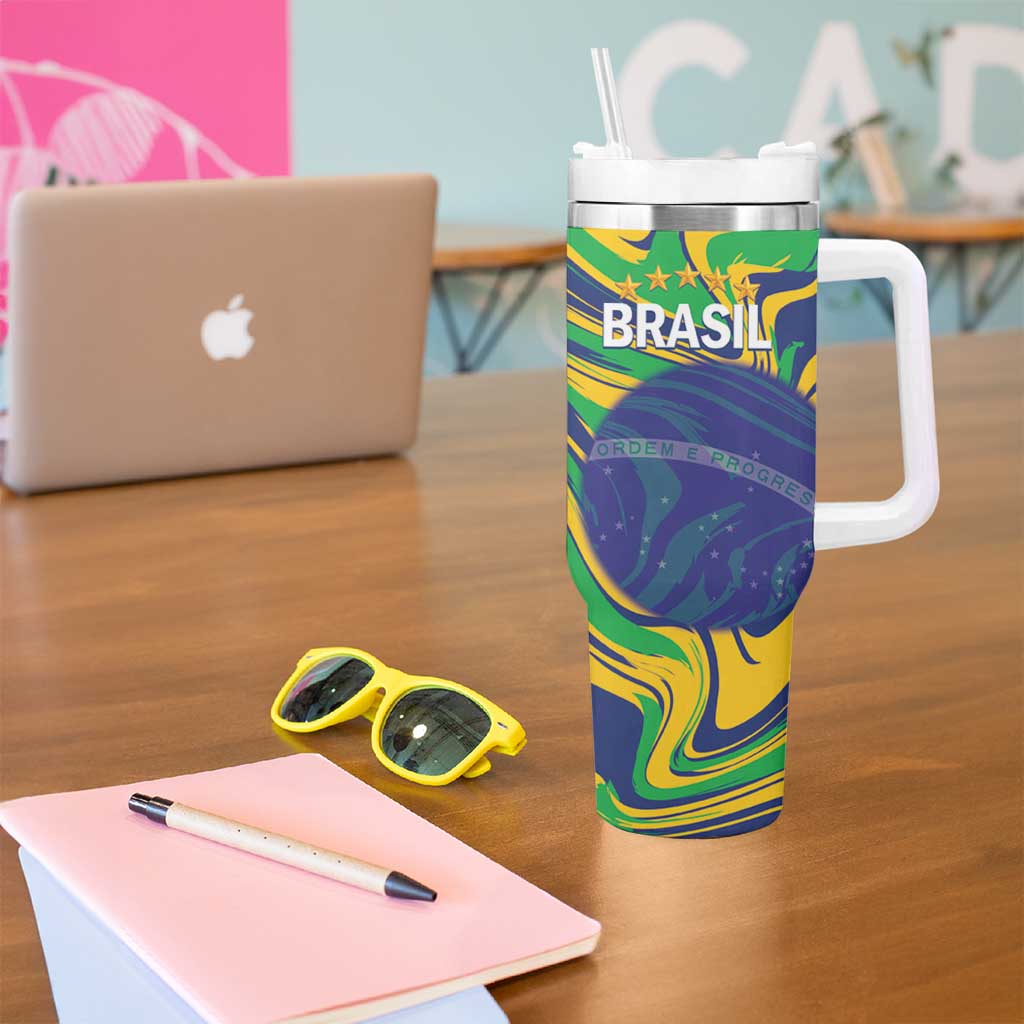 Brazil Football Custom Tumbler With Handle 2026 Vamos Brasil Marble Pattern - Wonder Print Shop