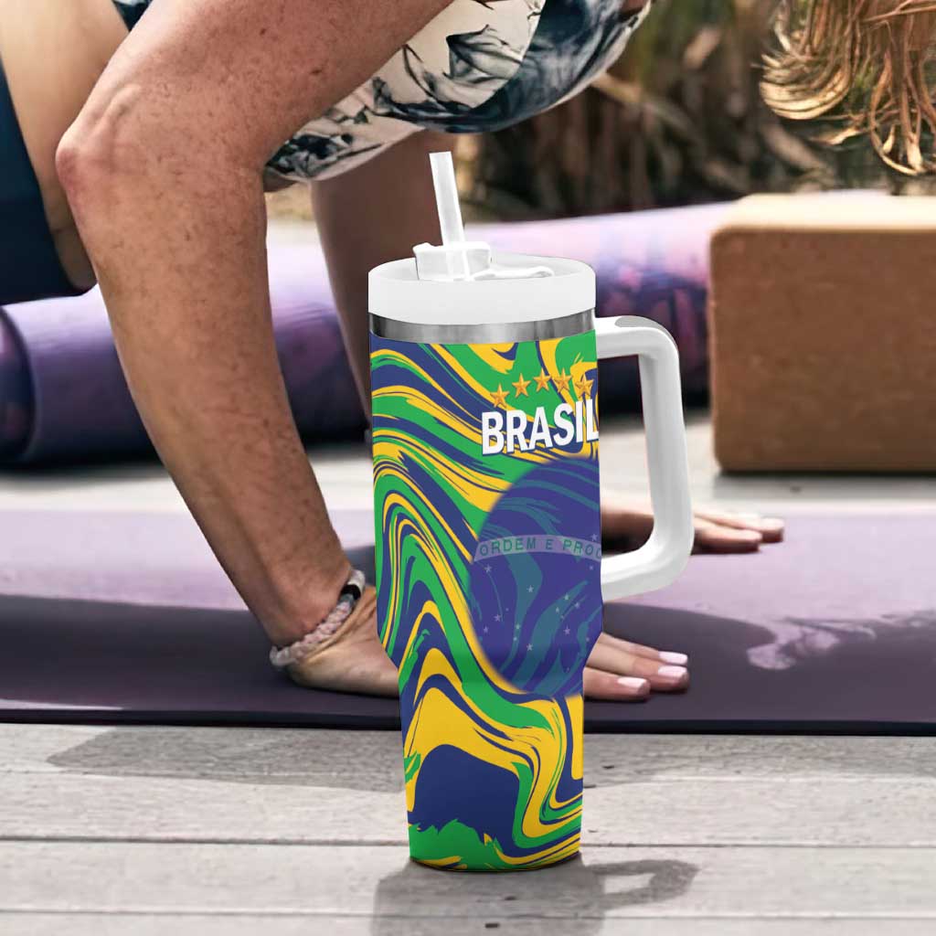 Brazil Football Custom Tumbler With Handle 2026 Vamos Brasil Marble Pattern - Wonder Print Shop