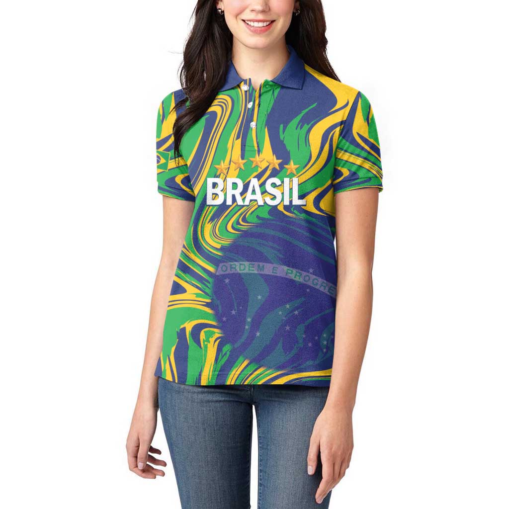 Brazil Football Custom Women Polo Shirt 2026 Vamos Brasil Marble Pattern - Wonder Print Shop