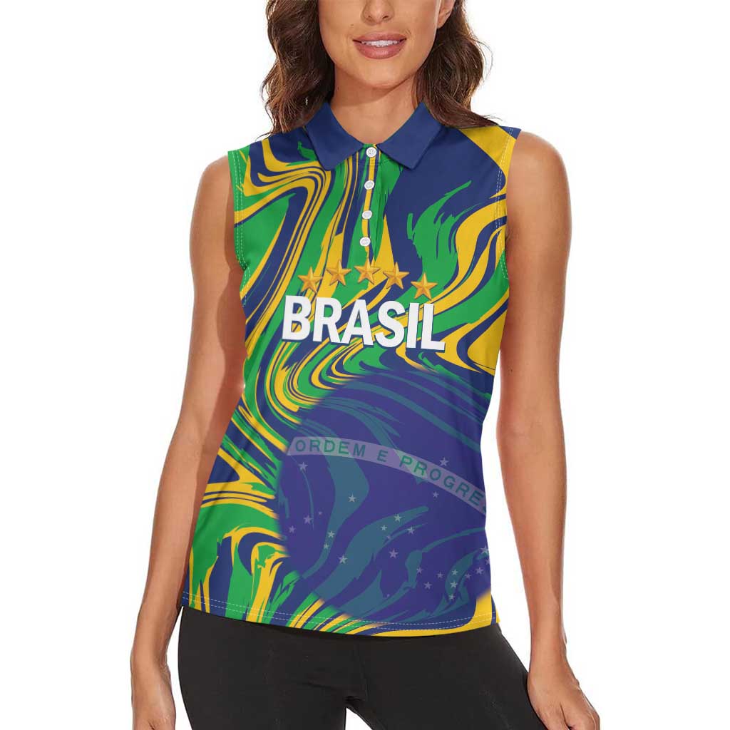 Brazil Football Custom Women Sleeveless Polo Shirt 2026 Vamos Brasil Marble Pattern - Wonder Print Shop