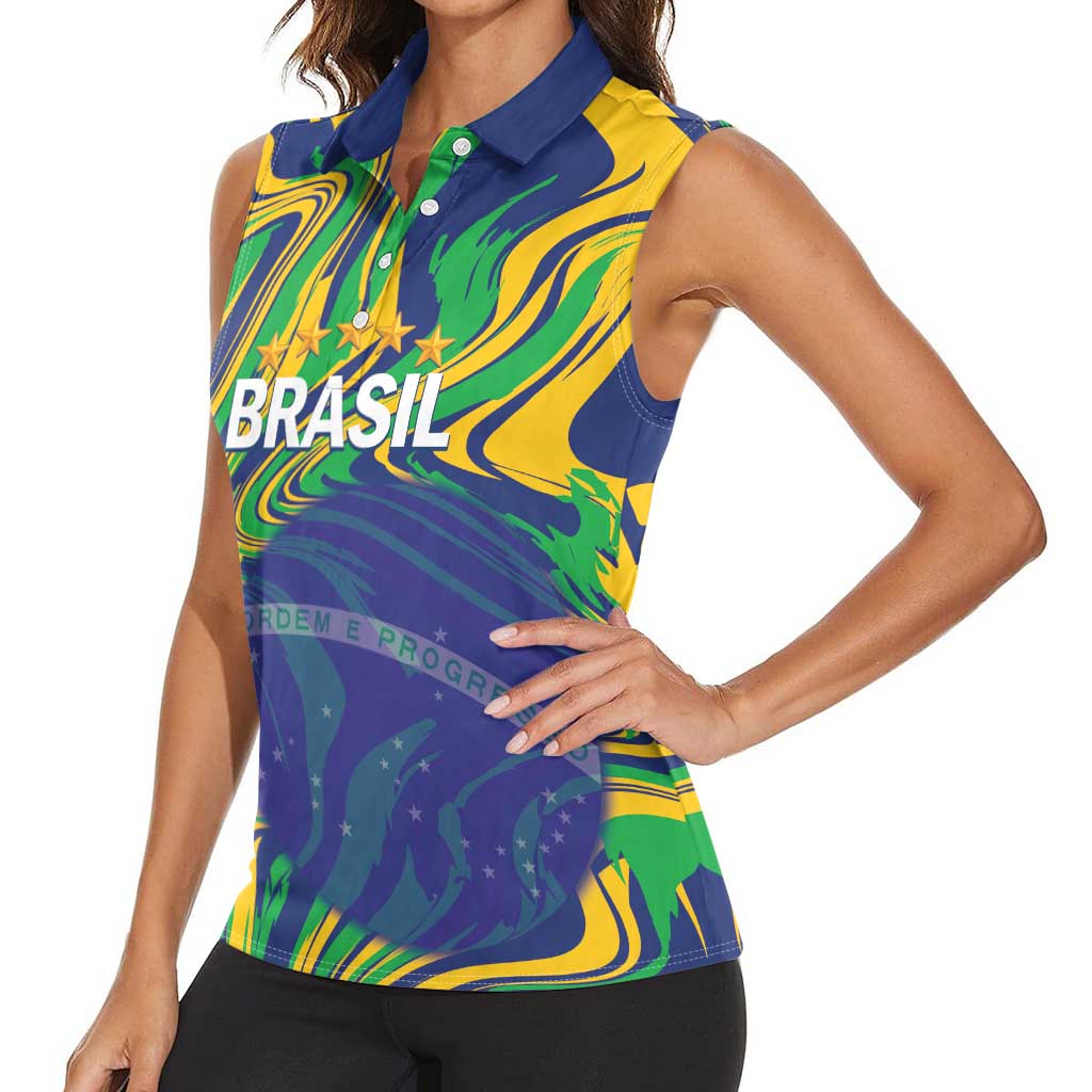 Brazil Football Custom Women Sleeveless Polo Shirt 2026 Vamos Brasil Marble Pattern - Wonder Print Shop