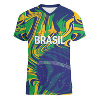 Brazil Football Custom Women V-Neck T-Shirt 2026 Vamos Brasil Marble Pattern - Wonder Print Shop