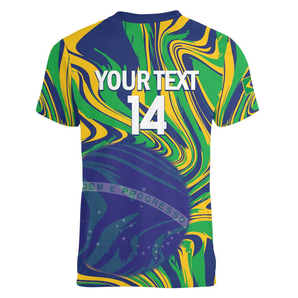 Brazil Football Custom Women V-Neck T-Shirt 2026 Vamos Brasil Marble Pattern - Wonder Print Shop