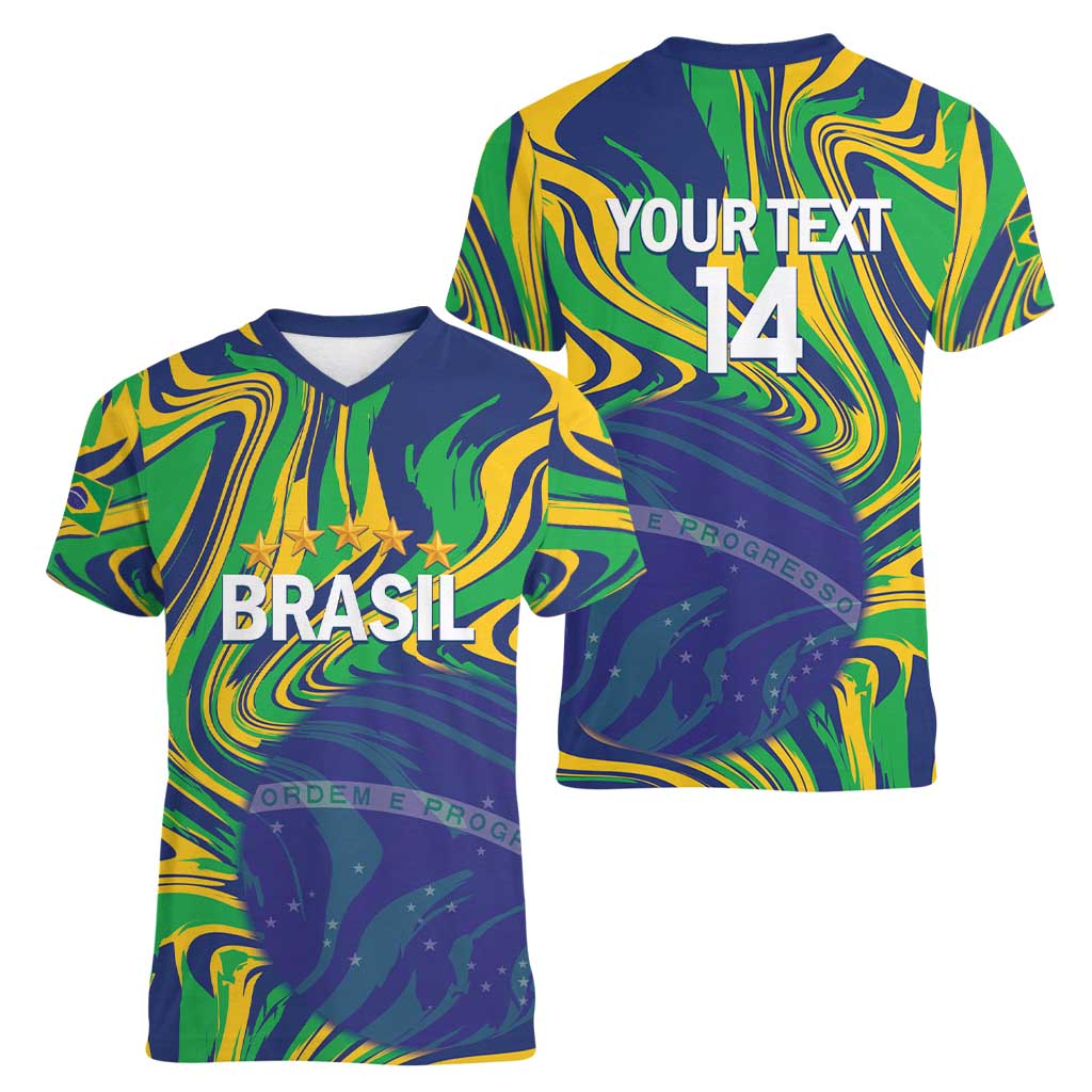 Brazil Football Custom Women V-Neck T-Shirt 2026 Vamos Brasil Marble Pattern - Wonder Print Shop