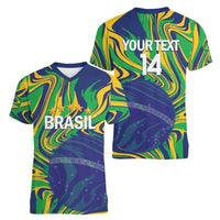 Brazil Football Custom Women V-Neck T-Shirt 2026 Vamos Brasil Marble Pattern - Wonder Print Shop