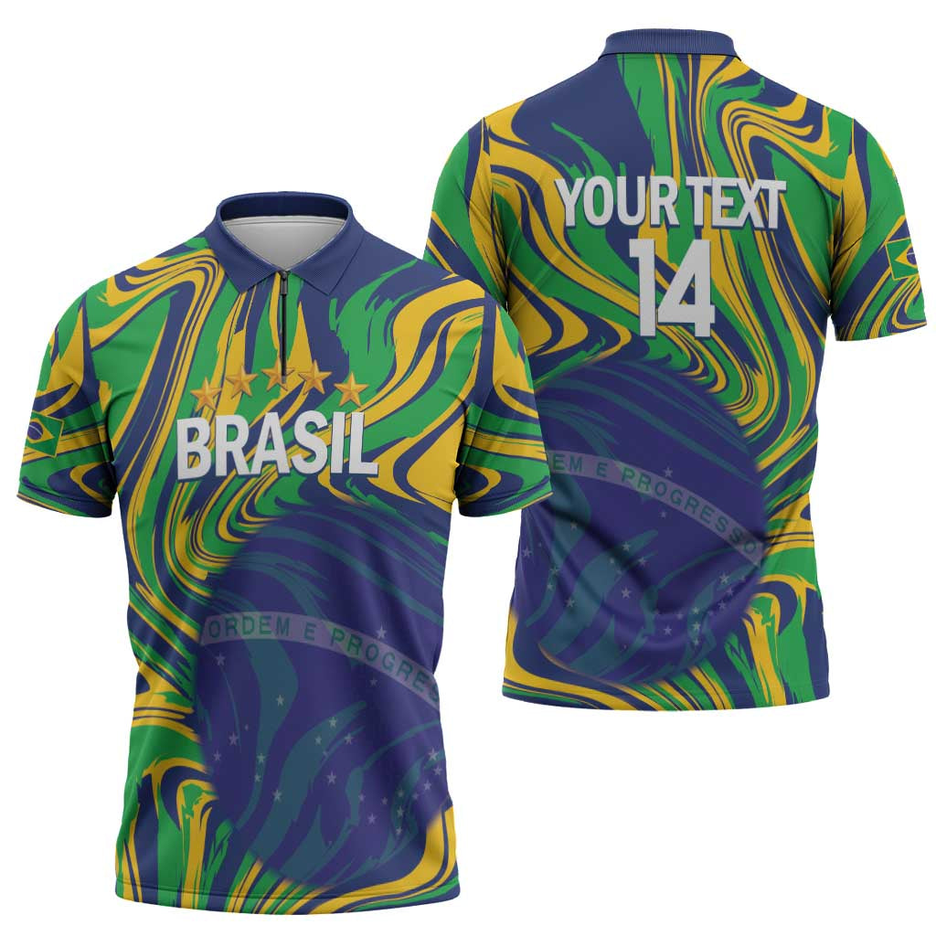 Brazil Football Custom Zipper Polo Shirt 2026 Vamos Brasil Marble Pattern - Wonder Print Shop