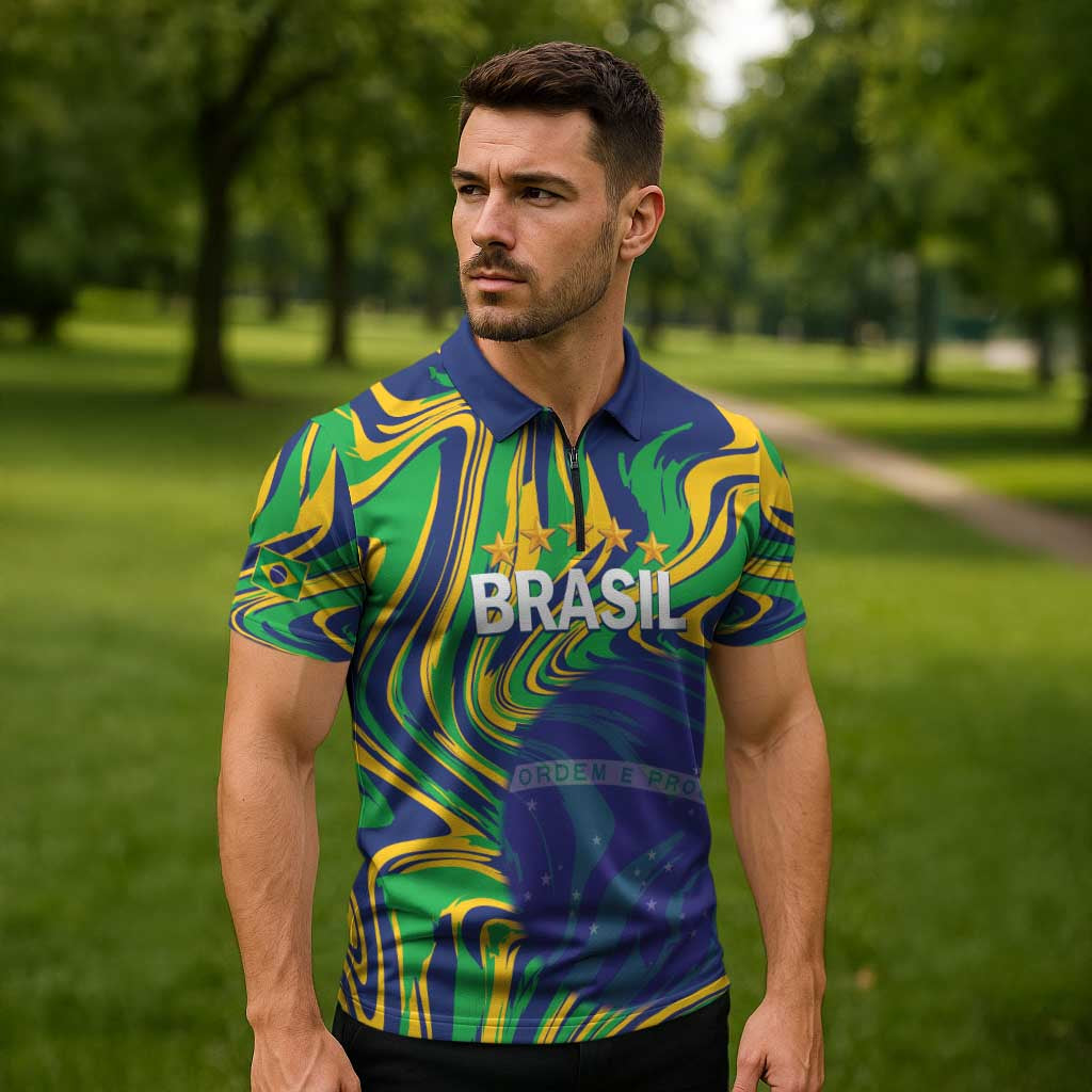 Brazil Football Custom Zipper Polo Shirt 2026 Vamos Brasil Marble Pattern - Wonder Print Shop