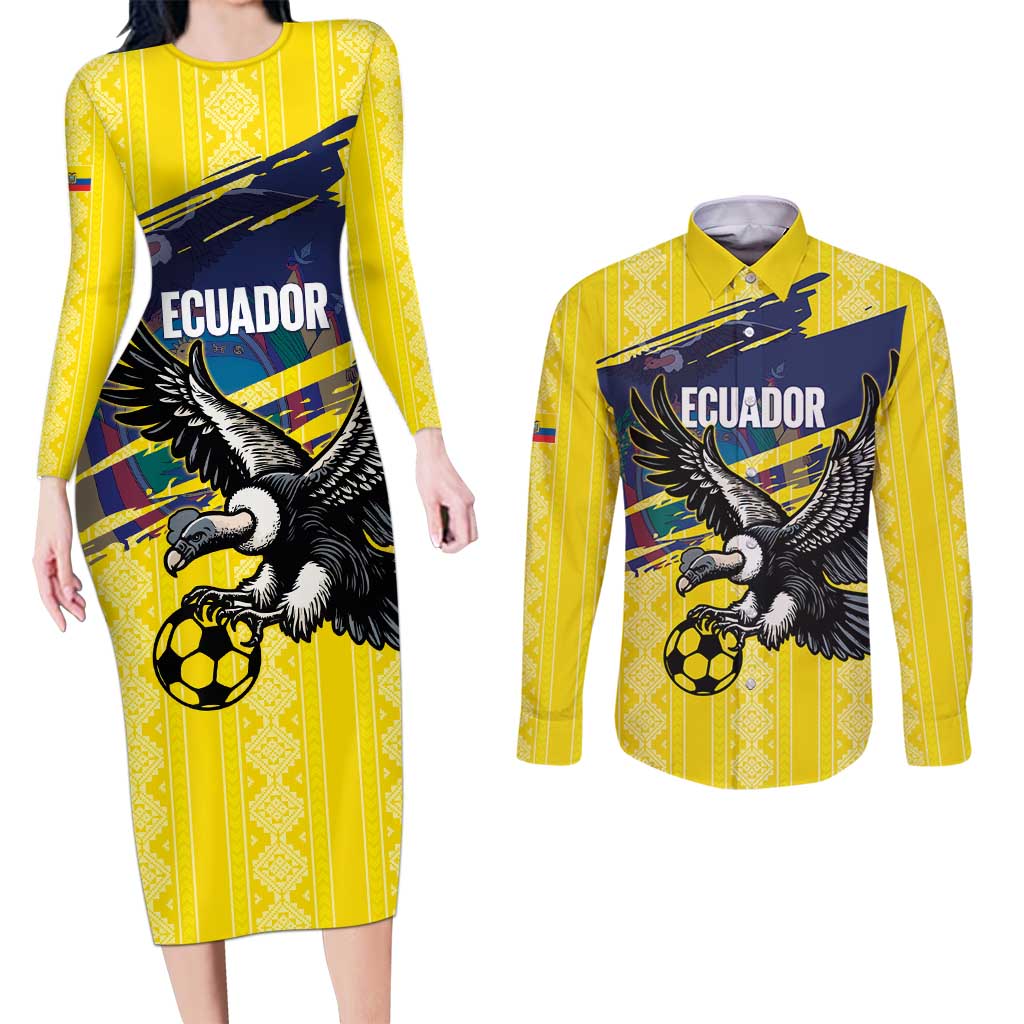 Ecuador Football Custom Couples Matching Long Sleeve Bodycon Dress and Long Sleeve Button Shirt 2026 Vamos La Tri Yellow South America Pattern - Wonder Print Shop