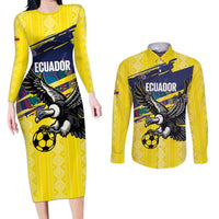 Ecuador Football Custom Couples Matching Long Sleeve Bodycon Dress and Long Sleeve Button Shirt 2026 Vamos La Tri Yellow South America Pattern - Wonder Print Shop