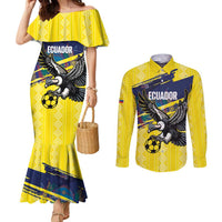 Ecuador Football Custom Couples Matching Mermaid Dress and Long Sleeve Button Shirt 2026 Vamos La Tri Yellow South America Pattern - Wonder Print Shop